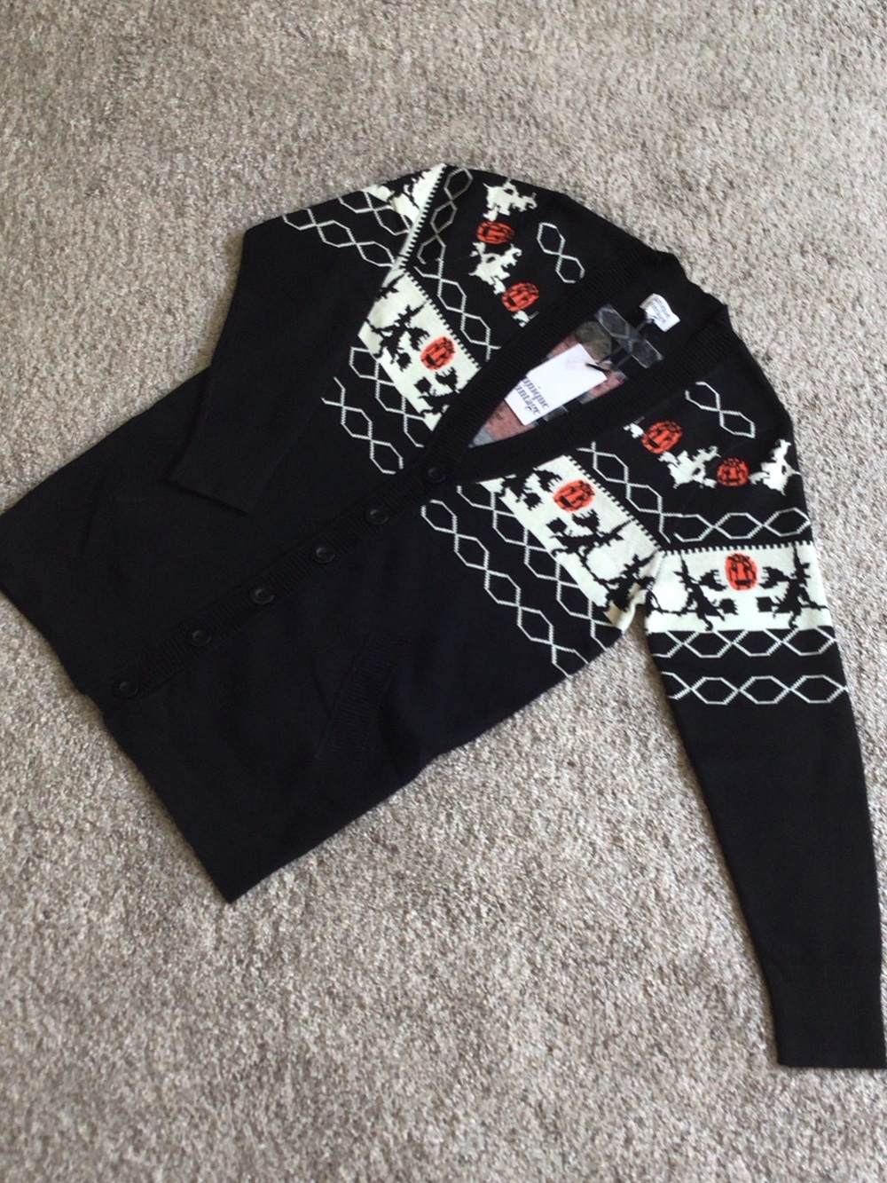Unique Vintage Black Cardigan with White and Orange Fair Isle Accents